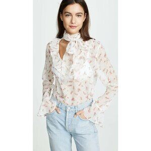 Endless Rose Shirt White Bow Tie Blouse White Pink Floral Print Sheer SZ S NWT